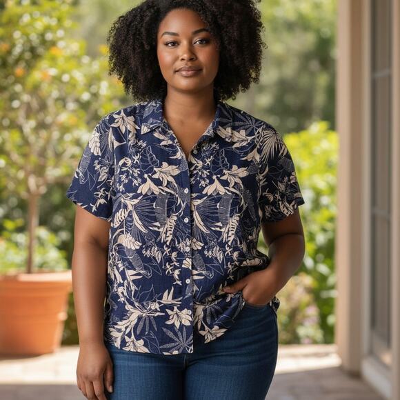 Panama Jack Tropical Floral Button Shirt Womens Size 1X Blue Linen Blend Top - Picture 4 of 9